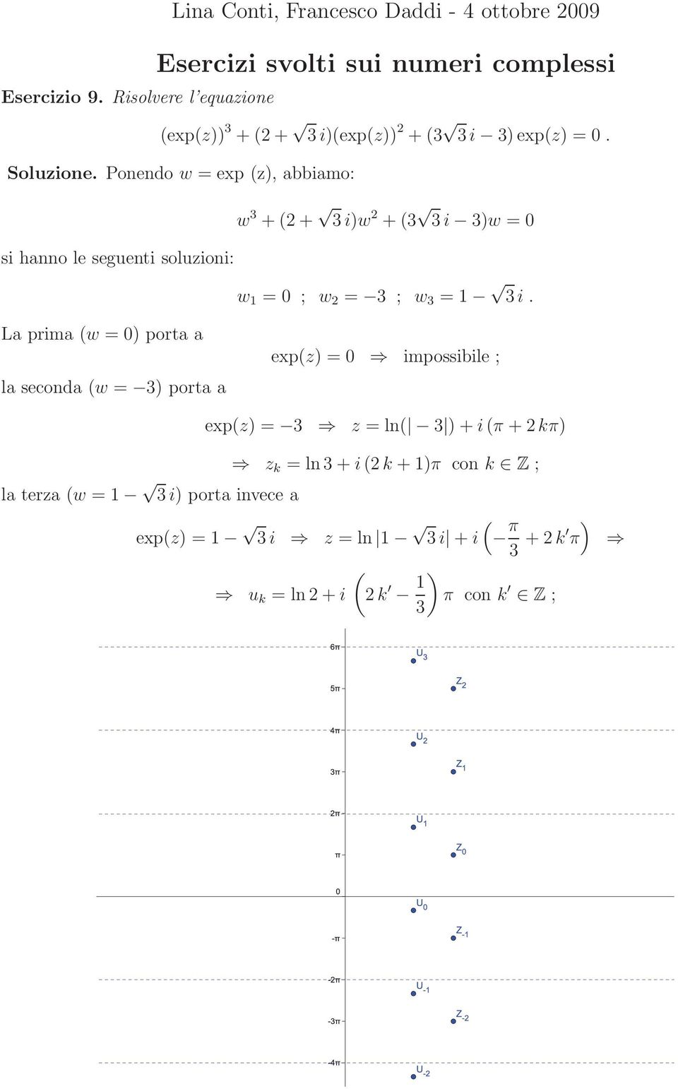 La prima w = 0) porta a la seconda w = ) porta a expz) = 0 impossibile ; expz) = z = ln ) + i π + kπ) la terza w = 1