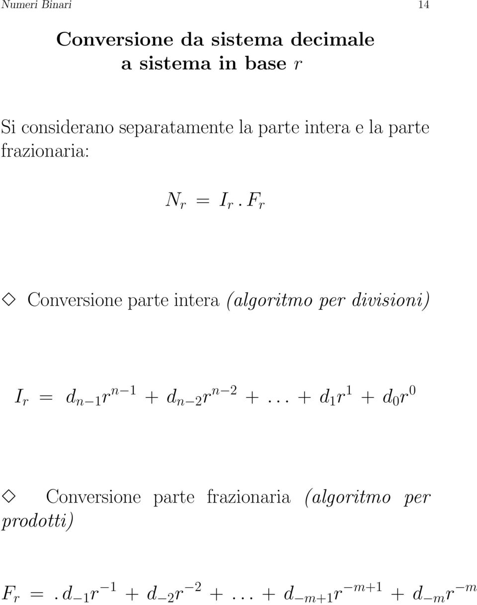 F r Conversione parte intera (algoritmo per divisioni) I r = d n 1 r n 1 + d n 2 r n 2 +.