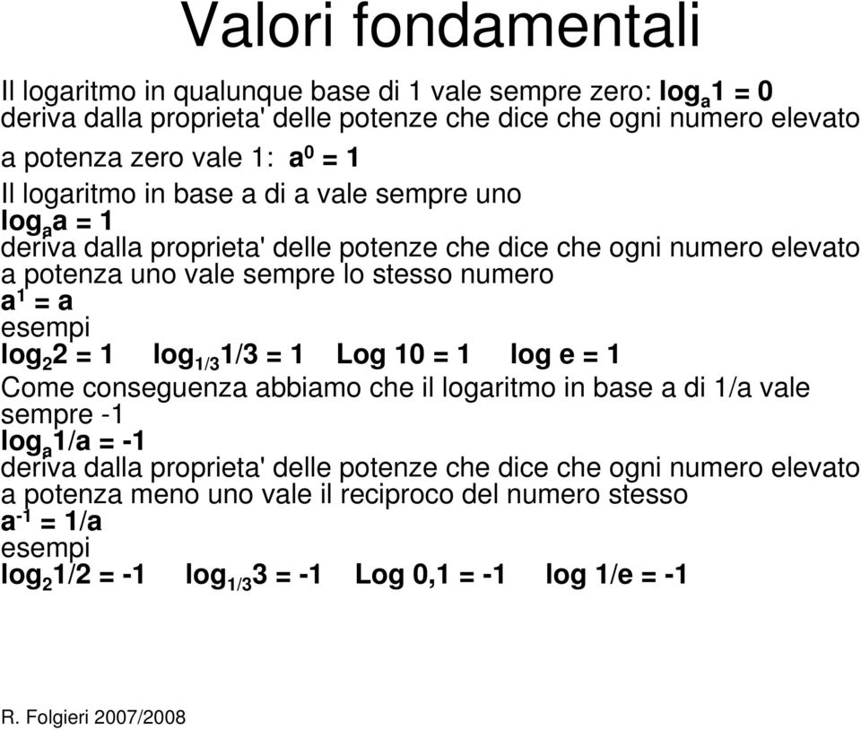 numero a 1 = a esempi log 2 2 = 1 log 1/3 1/3 = 1 Log 10 = 1 log e = 1 Come conseguenza abbiamo che il logaritmo in base a di 1/a vale sempre -1 log a 1/a = -1 deriva dalla