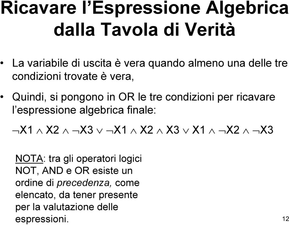 espressione algebrica finale: X1 X2 X3 X1 X2 X3 X1 X2 X3 NOTA: tra gli operatori logici NOT, AND e OR