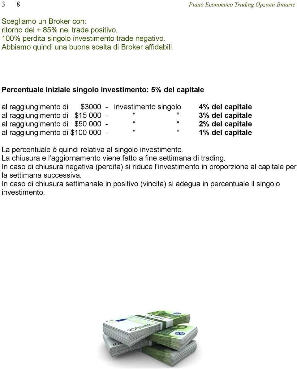 Percentuale iniziale singolo investimento: 5% del capitale al raggiungimento di $3000 - investimento singolo 4% del capitale al raggiungimento di $15 000-3% del capitale al raggiungimento di $50