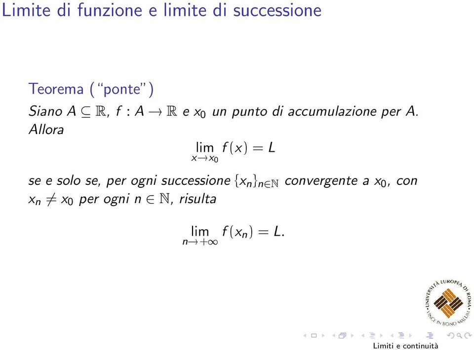Allora x x 0 f (x) = L se e solo se, per ogni successione {x n