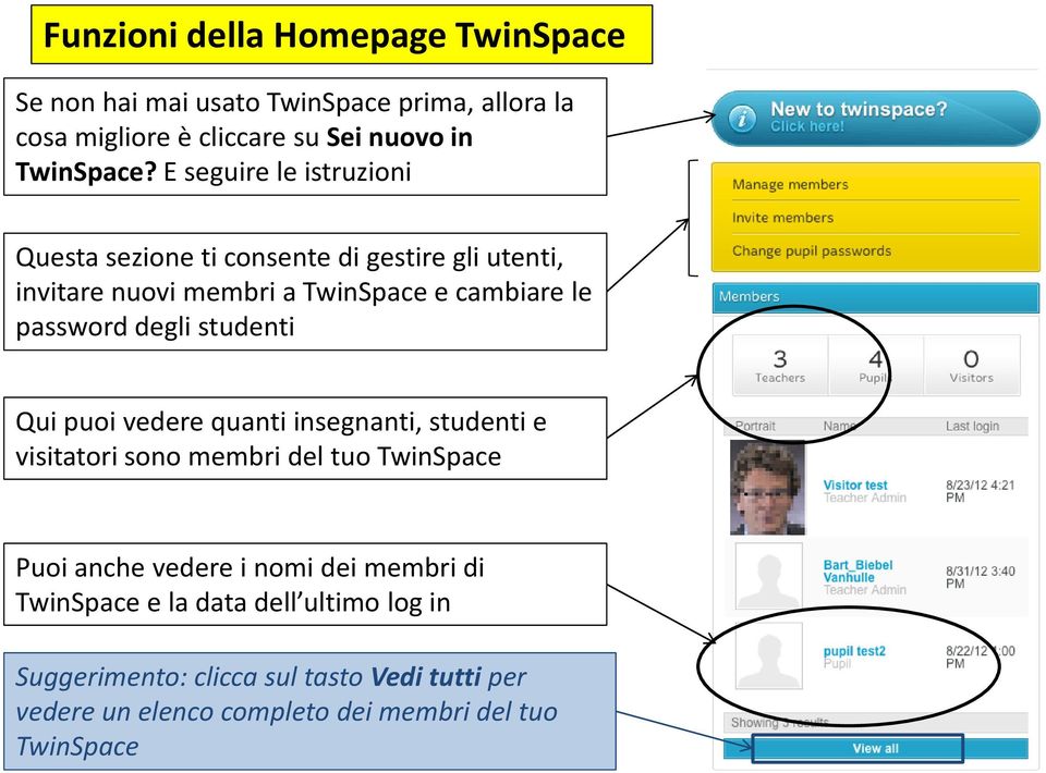 studenti Qui puoi vedere quanti insegnanti, studenti e visitatori sono membri del tuo TwinSpace Puoi anche vedere i nomi dei membri di