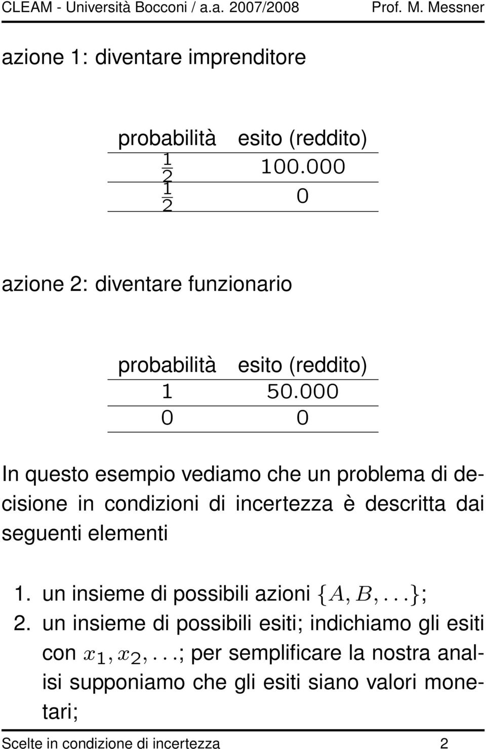 000 0 0 In questo esempio vediamo che un problema di decisione in condizioni di incertezza è descritta dai seguenti elementi 1.