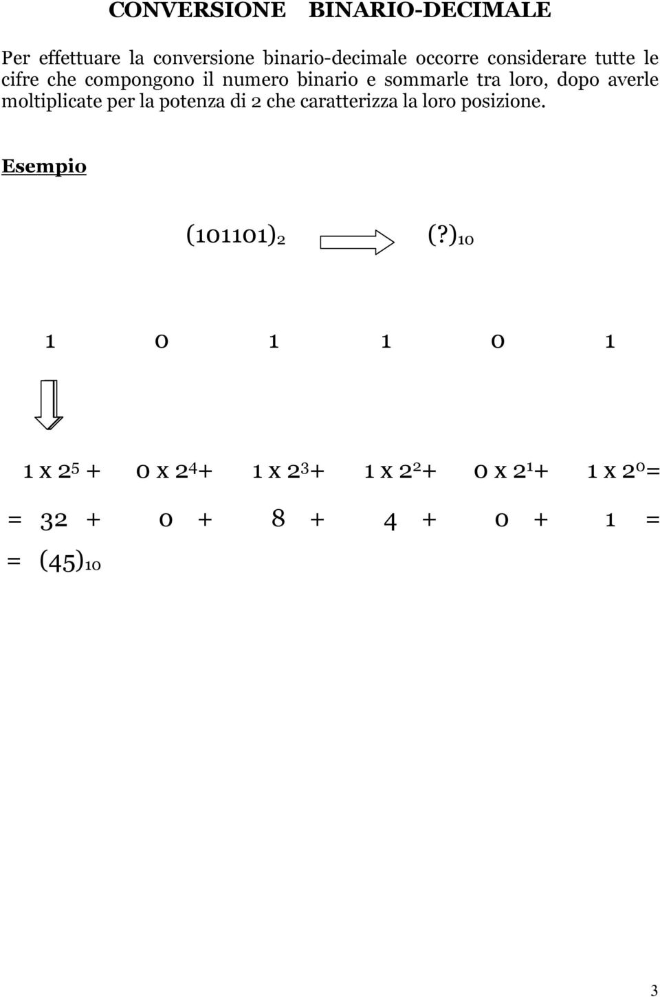 moltiplicate per la potenza di 2 che caratterizza la loro posizione. (101101) 2 (?