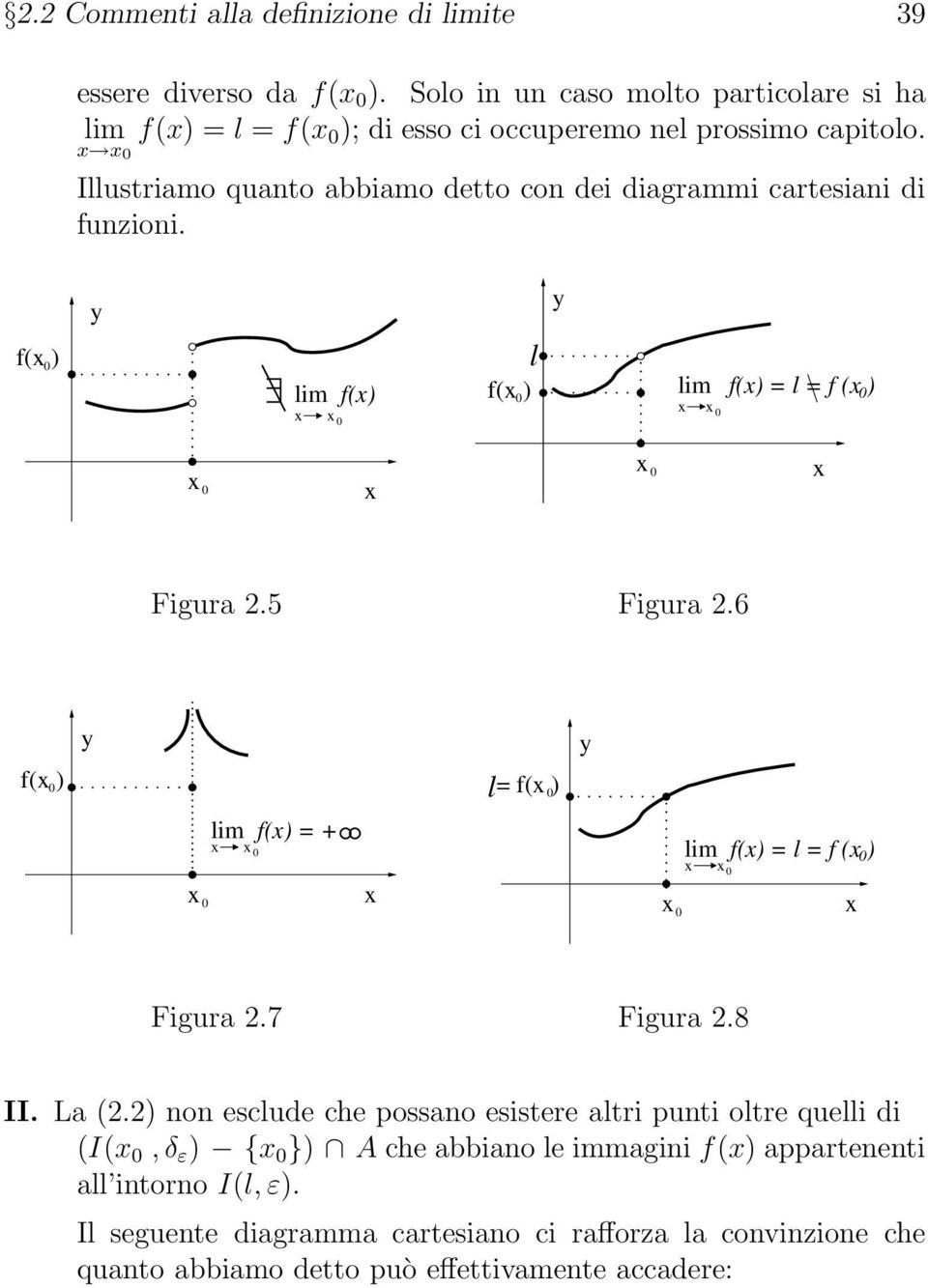 0 Illustriamo quanto abbiamo detto con dei diagrammi cartesiani di funzioni. y y f( ) 0 0 f() f( ) 0 l f() = l = f ( 0 ) 0 0 0 Figura 2.5 Figura 2.